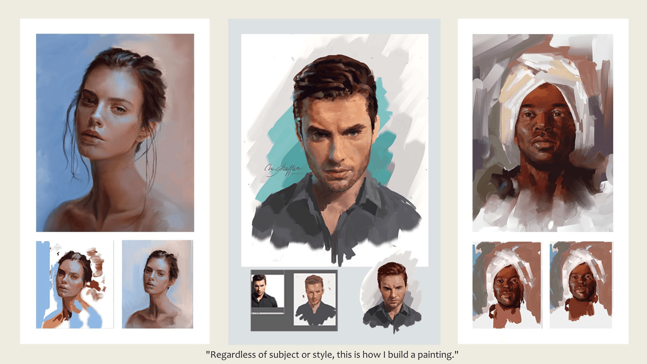 Three examples of the painting process across different subjects